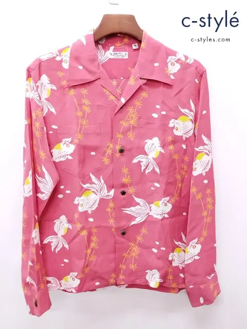 SUN SURF サンサーフ 長袖アロハシャツ M レッド系 GOLD FISH WITH LUCK SS28304 レーヨン100％