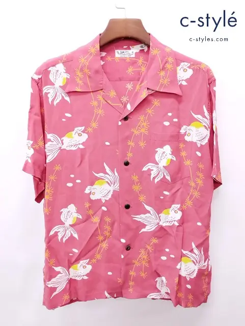 SUN SURF サンサーフ アロハシャツ L レッド系 GOLD FISH WITH LUCK SS38314 レーヨン100％