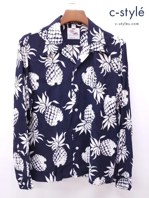 DUKE KAHANAMOKU デュークカハナモク 長袖アロハシャツ M ネイビー系 DK26793 レーヨン100％