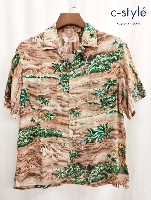 PENNEY’S ペニーズ アロハシャツ M（15-15・1/2） ブラウン系 ヤシの木 レーヨン100％ 日本製