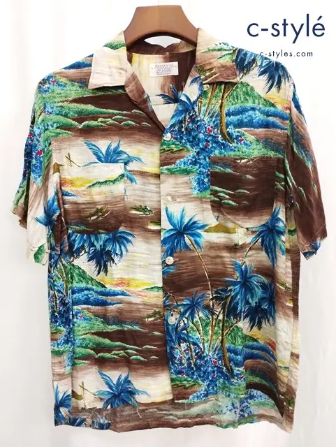 PENNEY’S ペニーズ アロハシャツ M（15-15・1/2） ブラウン系 ヤシの木 カヌー レーヨン100％ 日本製