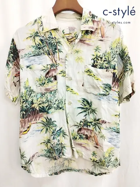PENNEY’S ペニーズ アロハシャツ M（15-15・1/2） ホワイト系 ヤシの木 レーヨン100％ 日本製
