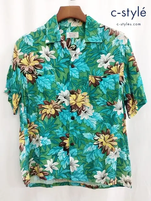 PENNEY’S ペニーズ アロハシャツ M（15-15・1/2） グリーン系 花 レーヨン100％ 日本製
