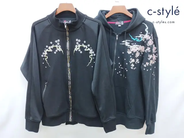 抜刀娘 バットウムスメ パーカー トラックジャージ XXL ブラック系 和柄 刺繍