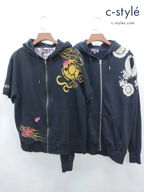 抜刀娘 バットウムスメ パーカー XXL ブラック系 半袖 長袖 和柄 刺繍 計2点