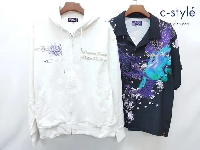 抜刀娘 バットウムスメ シャツ 半袖 ブラック系 パーカー ホワイト系 XXL 和柄 刺繍 美麗 計2点