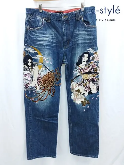 抜刀娘 バットウムスメ デニムパンツ 38 インディゴ 和柄 刺繍 293233