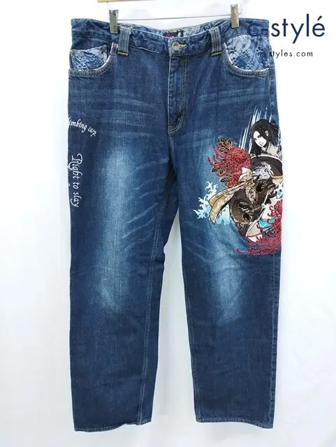 抜刀娘 バットウムスメ デニムパンツ 40 インディゴ 和柄 刺繍 273216