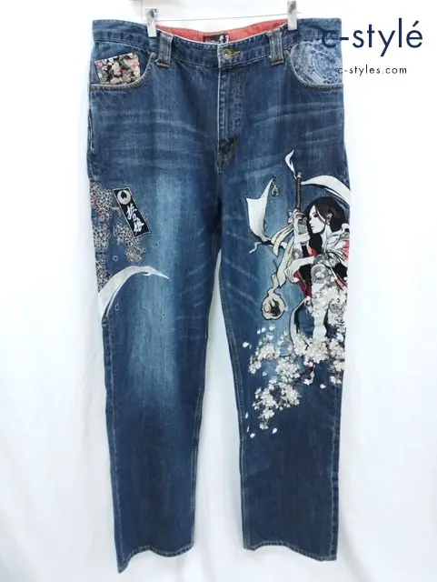抜刀娘 バットウムスメ デニムパンツ 40 インディゴ 和柄 刺繍 272204