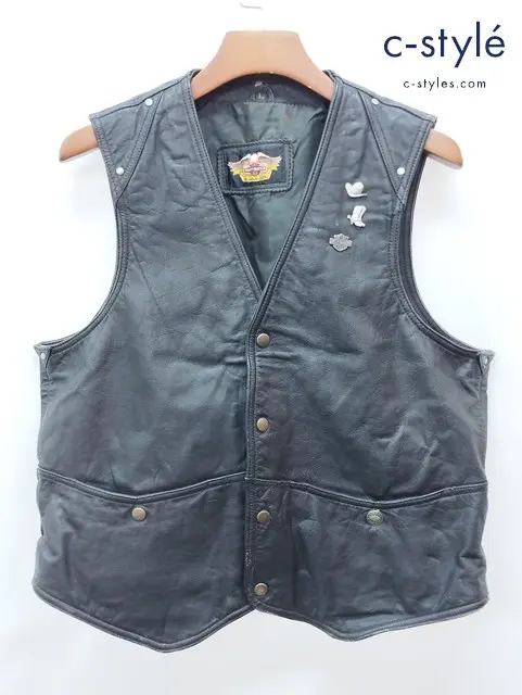HARLEY-DAVIDSON ハーレーダビッドソン レザーベスト L ブラック ピンバッジ