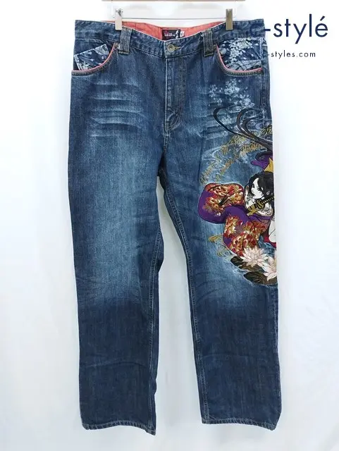 抜刀娘 バットウムスメ デニムパンツ 40 インディゴ 和柄 刺繍 282218
