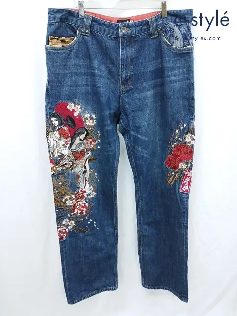 抜刀娘 バットウムスメ デニムパンツ 40 インディゴ 和柄 刺繍 C284734