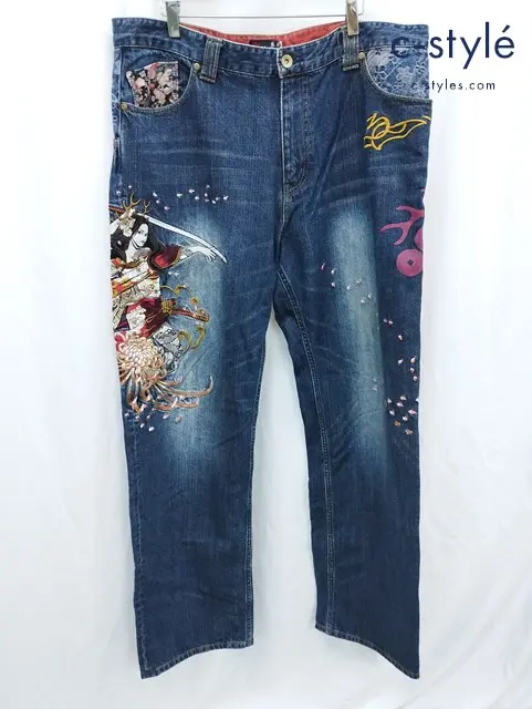 抜刀娘 バットウムスメ デニムパンツ 40 インディゴ 和柄 刺繍 271203