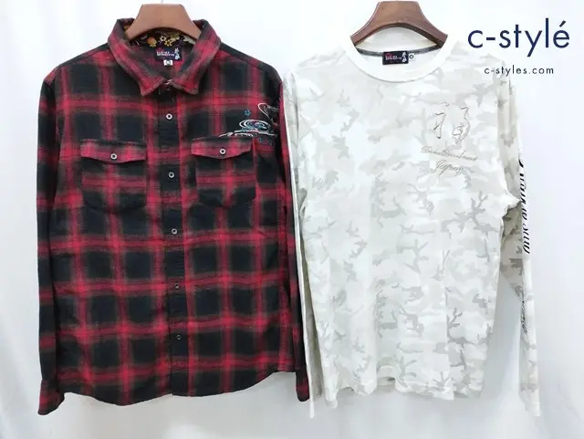 抜刀娘 バットウムスメ XL シャツ ブラック×レッド Tシャツ ホワイト系 和柄 チェック柄 長袖 計2点
