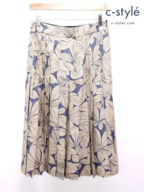 MARGARET HOWELL マーガレットハウエル プリーツスカート 3 ベージュ系×ネイビー 花柄 レディース