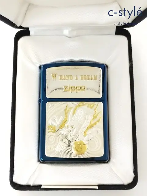 ZIPPO ジッポー オイルライター W HAND A DREAM 龍神 ブルーチタン 純銀プレート ’98