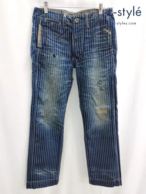 RRL ダブルアールエル パンツ 28 ブルー系 ボタンフライ ストライプ 綿100% USA製 ダメージ加工