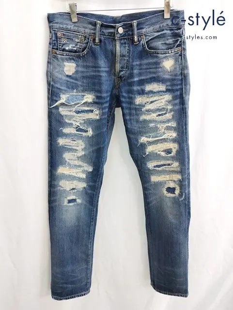 RRL ダブルアールエル デニムパンツ 29 インディゴ ボタンフライ 綿100% ダメージ加工