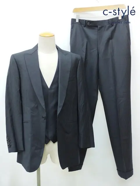 Ermenegildo Zegna ELECTA 3PC スーツ ジャケット B98 ボトムス W81 ブラック ウール100 ストライプ 38039