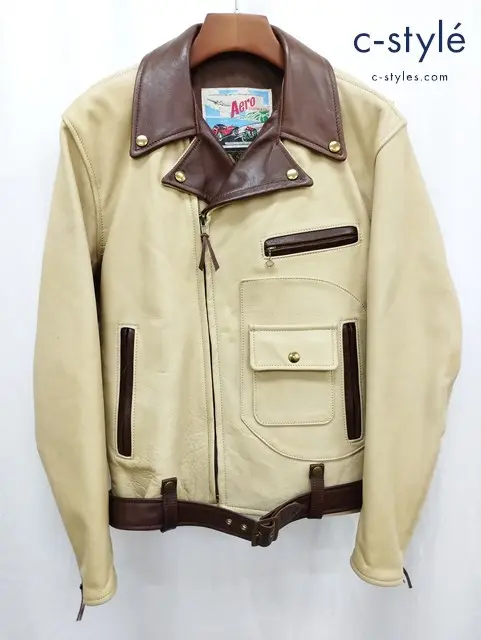 Aero LEATHER エアロレザー ダブルライダースレザージャケット 38 イエロー×ブラウン