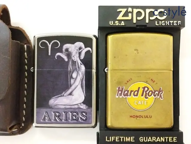 ZIPPO ジッポー オイルライター ARIES シルバー ’15 Hard Rock CAFE HONOLULU ゴールド系 ’96 革Case付
