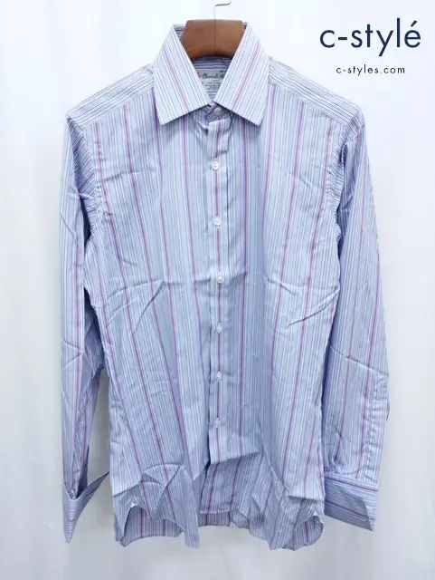 TURNBULL&ASSER ターンブル&アッサー Yシャツ 14・1/2 パープル系 ストライプ 綿100% ダブルカフス