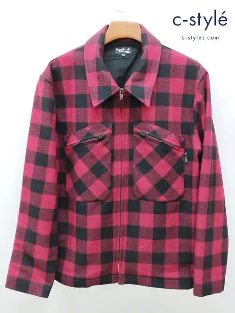 agnes b. homme アニエスベー オム ジャケット 42 レッド×ブラック チェック柄 ジップアップ