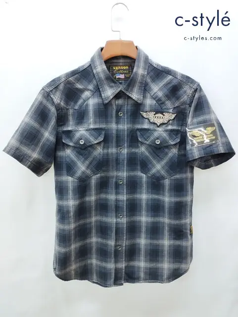 VANSON バンソン ワークシャツ L ブラック系 チェック柄 半袖 スカル 綿100%