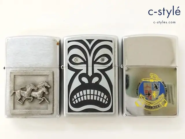ZIPPO ジッポー オイルライター ANTARCTICA 馬 立体プレート TIKI メタル貼り 計3点