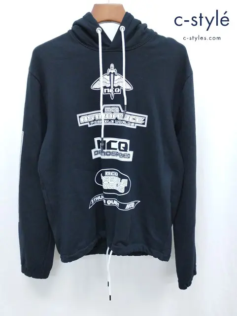 McQ マックキュー パーカー XS ブラック プリント フーディー ドローコード 長袖
