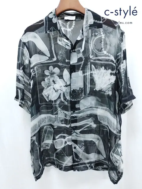 OFF-WHITE オフホワイト プリントシルクシャツ S ブラック系 半袖 イタリア製 シルク コットン 100