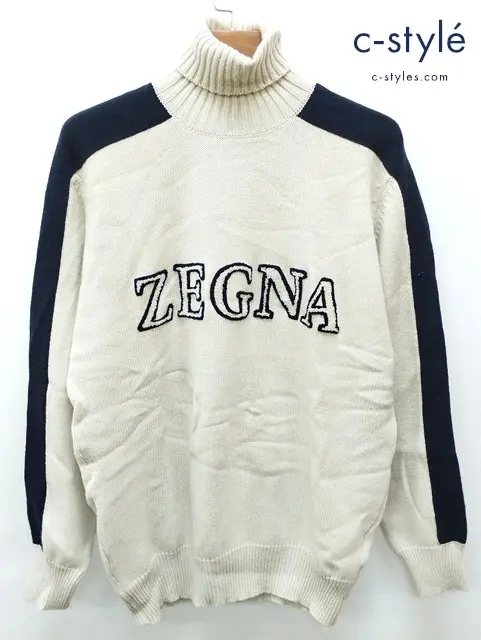 Ermenegildo Zegna エルメネジルドゼニア タートルネックニット M アイボリー×ネイビー ウール