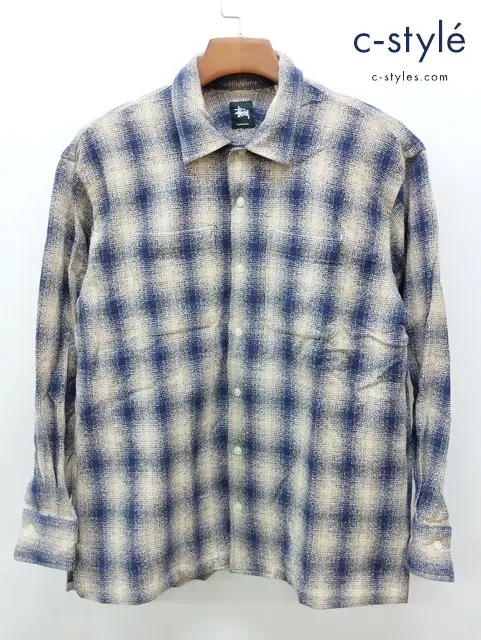 STUSSY ステューシー シャツ M ベージュ×ネイビー 綿100％ 日本製