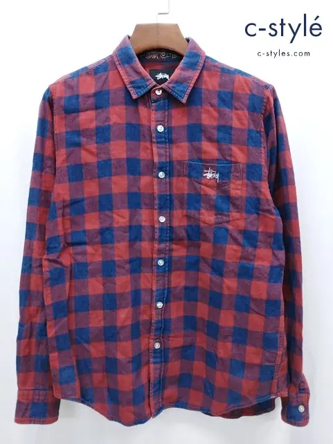 STUSSY ステューシー 長袖シャツ S レッド×ネイビー チェック柄 ロゴ刺繍 コットン100%