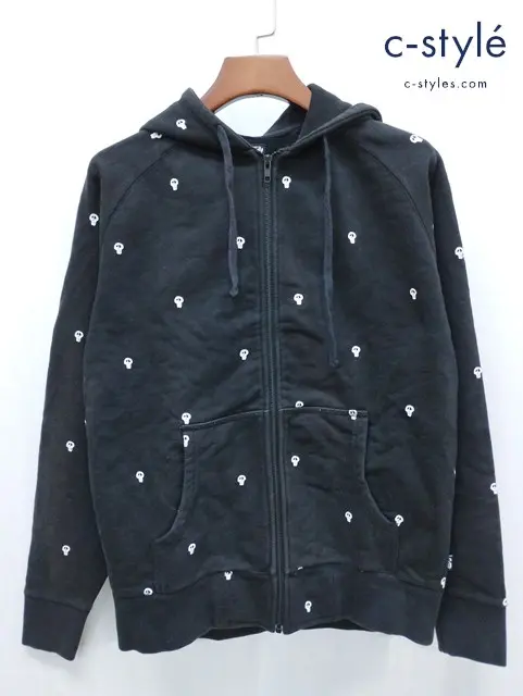 STUSSY ステューシー パーカー M ブラック スカル総柄 ジップアップ