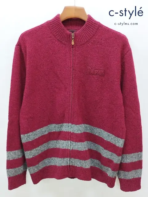 Papas パパス ニットブルゾン L レッド×グレー ウール カシミヤ混 日本製 ジップアップ D0434KJM003