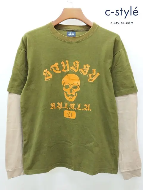 STUSSY ステューシー レイヤード スカルプリント ロングスリーブTシャツ L カーキ