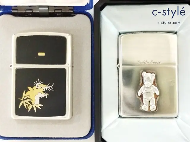 ZIPPO ジッポー オイルライター 虎 象嵌 K24 ブラック×シルバー ’98 クマ 純銀メタル シルバー ’94 計2点