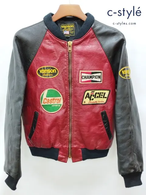 VANSON バンソン レザーライダースジャケット 38 レッド系 USA製 TJP ワッペン