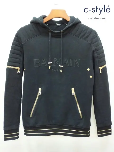 BALMAIN バルマン フロッキーロゴ プリントプルオーバーパーカー XS ブラック W6HJ612D552