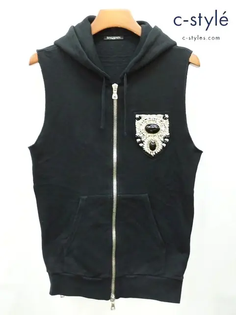 BALMAIN バルマン ビジュー ワッペンジップアップノースリーブパーカー S ブラック S7H6644J036B