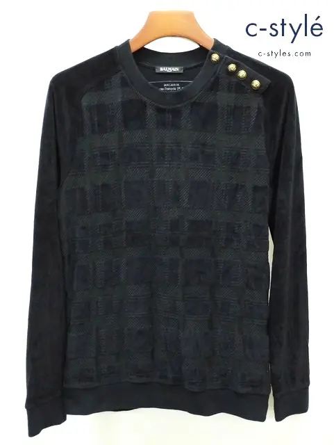 BALMAIN バルマン ショルダーボタン ベロア チェック ニット M ブラック W6HJ800D623