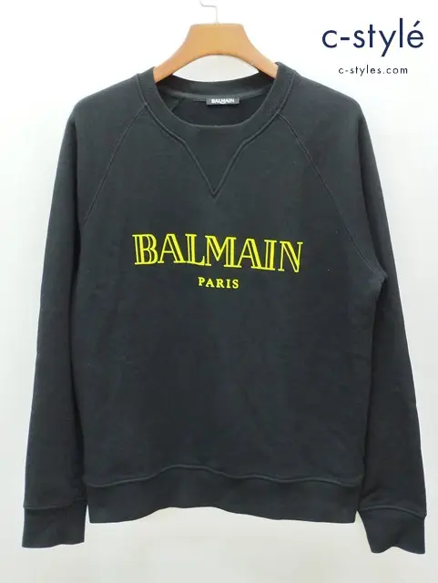 BALMAIN バルマン フロッキーロゴ プリントプルオーバースウェット L ブラック RH11679I052