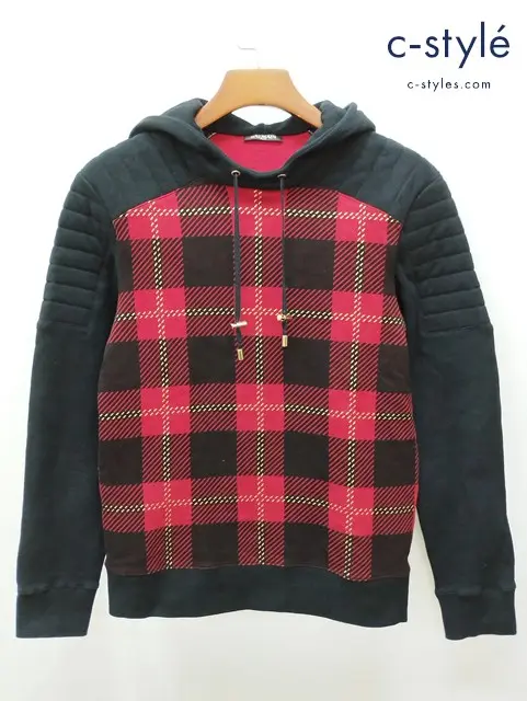BALMAIN バルマン フロッキーロゴ プリントプルオーバーパーカー XS ブラック×レッド W6HJ612D552