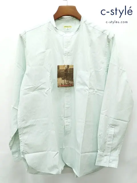 WORKERS ワーカーズ Band Collar Shirt Poplin バンドカラーシャツ ポプリン 16 グリーン×ホワイト