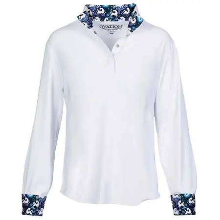 オベーションライディング(Ovation Riding) 乗馬 競技用シャツ Ovation Ellie Child’s Quarter Snap Show Shirt, White/Blue Whims Horses