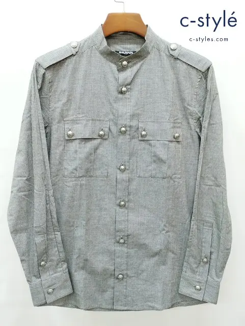 BALMAIN バルマン シャツ 37 グレー×ホワイト 長袖 チェック