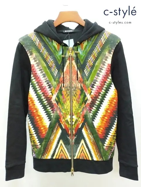 BALMAIN バルマン BHR C&S ZIP HOODIE INCA-PRINT パーカー XS ブラック