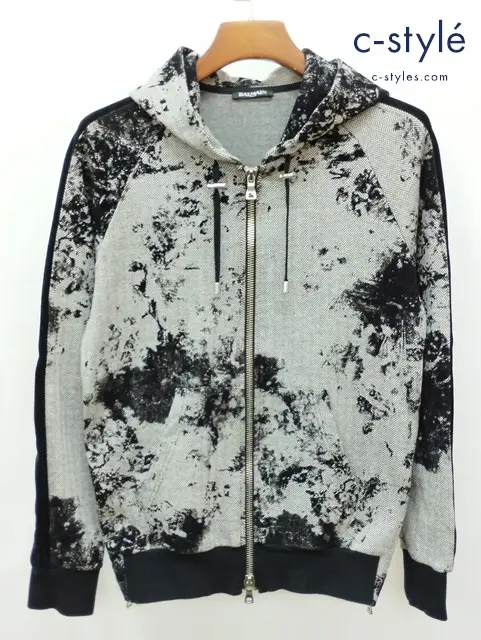 BALMAIN バルマン BH2 C&S HOODIE MARBLE パーカー XS グレー×ブラック