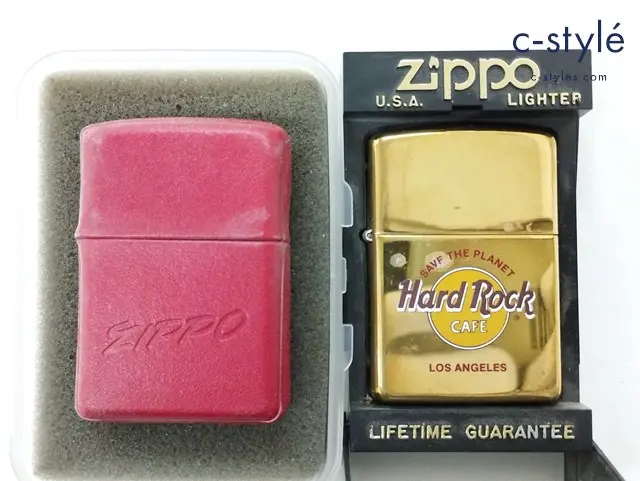 ZIPPO ジッポー オイルライター HARD ROCK CAFE ゴールド ’95 革巻き レッド 計2点